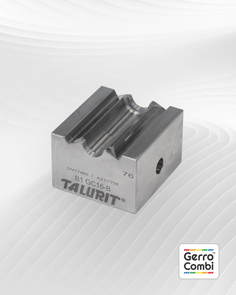 A Gerro™ Combi Die labeled "TALURIT," featuring a groove in the center and a hole on the side, specifically designed for combination wire rope equipment. Engraved on its surface are the numbers "DV77965," "A217765," "B1 GC16-B," and "76." The bottom right corner bears the Gerro Combi logo. © Copyright Talurit AB. All rights reserved.
