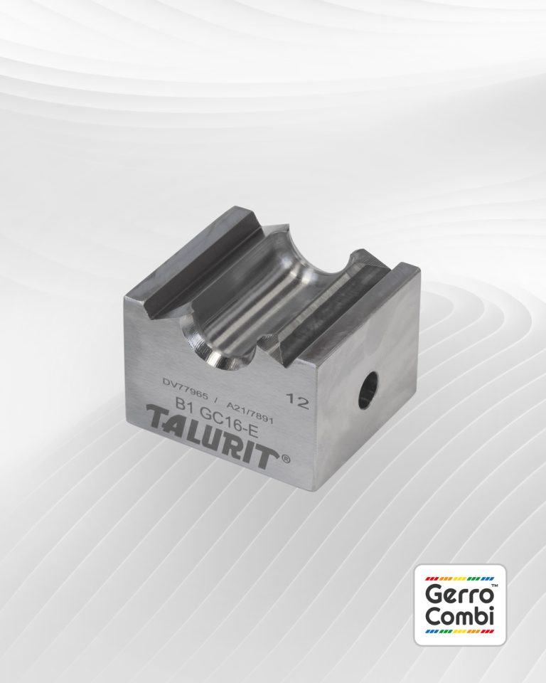 A metallic Gerro™ Combi Die set for the mechanical splicing of combination wire rope, featuring engraved text "B1 GC-12-E" and "12". The die includes a curved groove and a side hole. The background showcases a light gray and white wavy pattern, with the Gerro™ Combi logo positioned at the bottom right corner. © Copyright Talurit AB. All rights reserved.