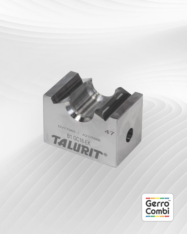 A swaging die with the brand name "Talurit" and model number "B1 GC16-EK" engraved on it is displayed. Designed for use in wire rope equipment, it features two cylindrical grooves on the top surface. The Gerro™ Combi Die sets logo is visible at the bottom right corner of the image. © Copyright Talurit AB. All rights reserved.