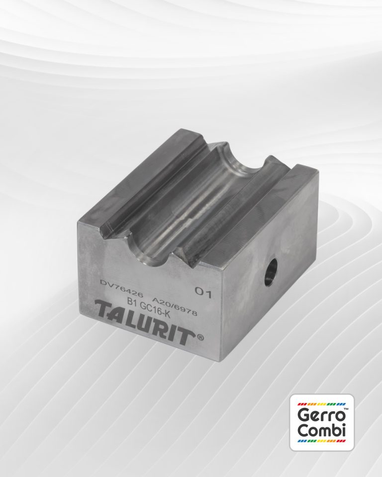 A Gerro™ Combi Die set, used for mechanical splicing of combination wire rope, is positioned against a light gray background with subtle wave patterns. The component features an engraved serial number and the "TALURIT" logo on it. In the bottom right corner, there is a "Gerro™ Combi" logo. © Copyright Talurit AB. All rights reserved.