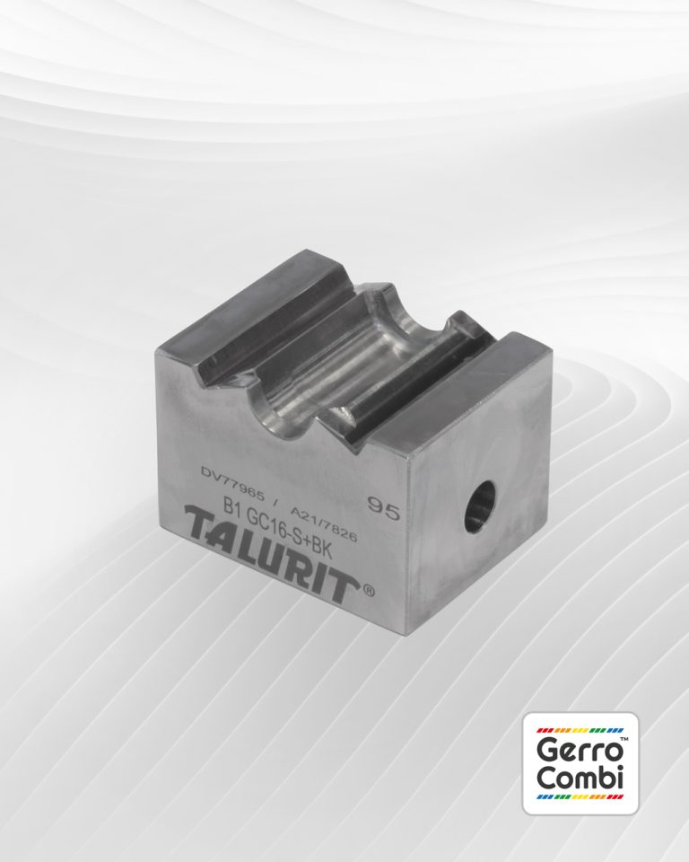 A Gerro™ Combi Die set featuring a metal block engraved with "TALURIT", "B1 GC16-SBK", "DV77965", "A217826," and the number "95." The surface behind the die is accompanied by a subtle wavy pattern and a small Gerro™ Combi logo in the background. © Copyright Talurit AB. All rights reserved.