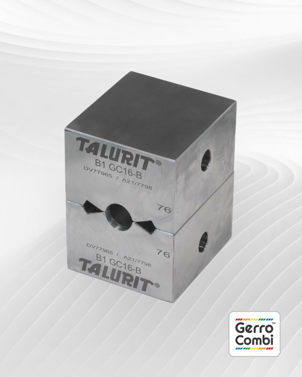 A Gerro™ Combi Die set labeled "B1 GC16-B" consists of two identical metal halves, each featuring a circular groove for wire rope ferrules, along with imprinted serial numbers. The bottom right corner showcases the "Gerro™ Combi" logo adorned with colorful stripes. © Copyright Talurit AB. All rights reserved.