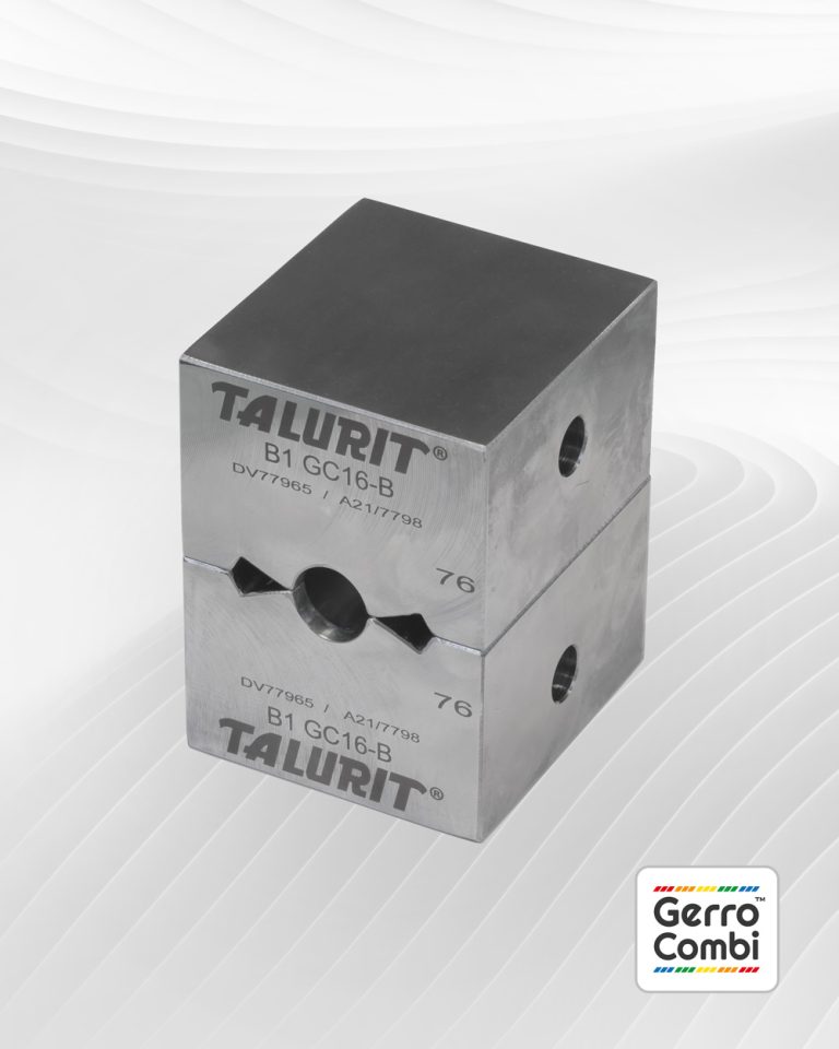 A Gerro™ Combi Die set labeled "B1 GC16-B" consists of two identical metal halves, each featuring a circular groove for wire rope ferrules, along with imprinted serial numbers. The bottom right corner showcases the "Gerro™ Combi" logo adorned with colorful stripes. © Copyright Talurit AB. All rights reserved.