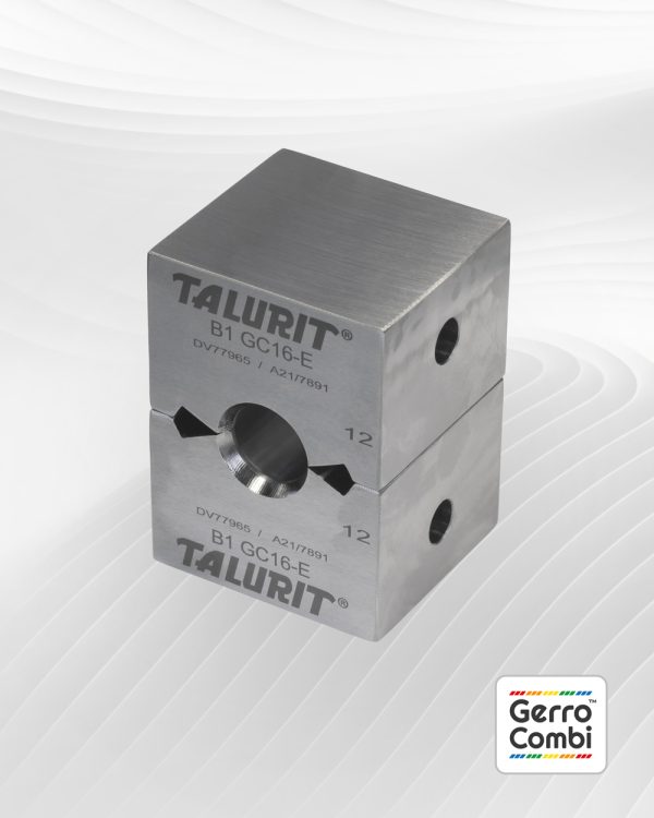 Talurit® A close-up image of two metallic blocks branded "Talurit" with an inscription "B1 GC16-E." Each block, part of the Gerro™ Combi Die sets designed for the mechanical splicing of wire rope, features a hole through the center. The Gerro Combi logo is in the bottom right corner. © Copyright Talurit AB. All rights reserved.