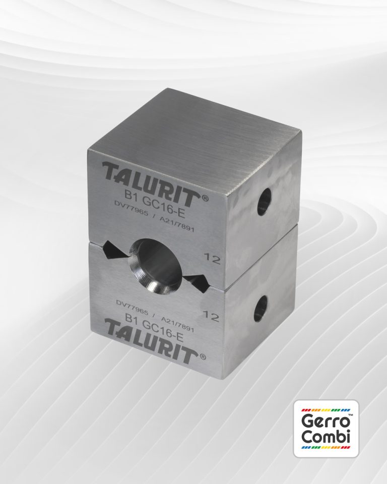 Talurit® A close-up image of two metallic blocks branded "Talurit" with an inscription "B1 GC16-E." Each block, part of the Gerro™ Combi Die sets designed for the mechanical splicing of wire rope, features a hole through the center. The Gerro Combi logo is in the bottom right corner. © Copyright Talurit AB. All rights reserved.