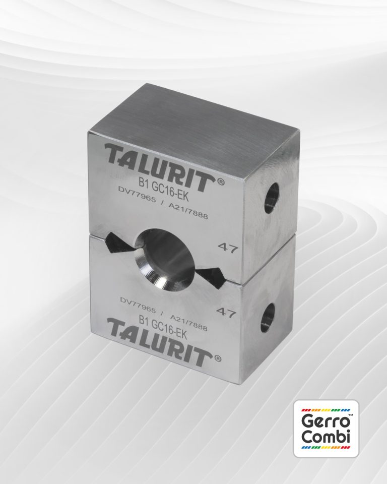 The image shows two metal dies stacked on top of each other, labeled "TALURIT B1 GC16-EK" with serial numbers "DV77965 / A2177588." These appear to be components used in the mechanical splicing of wire rope. There is a Gerro™ Combi Die sets logo in the bottom right corner. © Copyright Talurit AB. All rights reserved.