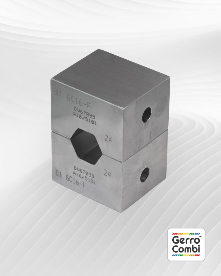 A pair of Gerro™ Combi Die sets, consisting of square metal blocks with a hexagonal hole through their centers. The upper block is labeled "31 GC16-F" and the lower block "B1 GC16-F." Both feature additional markings "DUG7909 AL6.3/101." Commonly utilized in swagers, these die sets also display the “Gerro™ Combi” logo in the lower right corner. © Copyright Talurit AB. All rights reserved.
