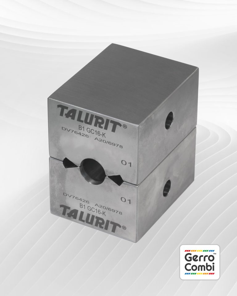 Two swaging dies, part of the Talurit Group's Gerro™ Combi line, are stacked with "Talurit" engraved on them. They feature circular cutouts in the center and are marked with "Gerro™ Combi, B1 GC1-K" and additional codes. The Gerro™ Combi logo is positioned in the bottom right corner. © Copyright Talurit AB. All rights reserved.