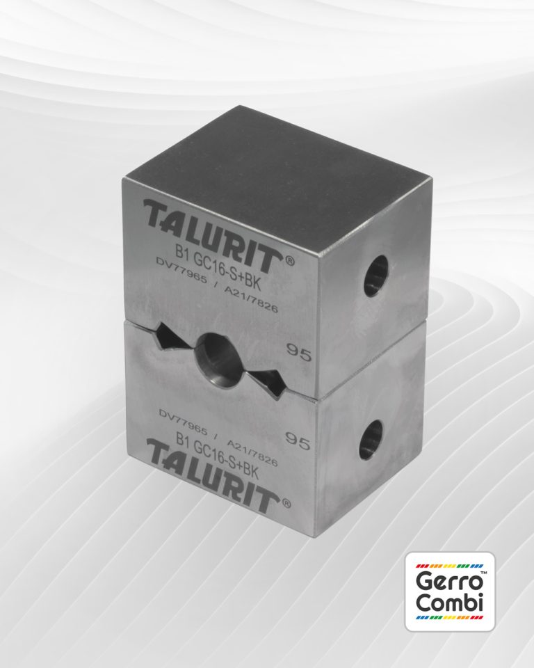 A Gerro™ Combi Die set with two square sections labeled "TALURIT" and "B1 GC16-S+BK" in uppercase letters, designed for wire rope equipment. Serial numbers, "DV77965/ A217826," are displayed beneath the labels. The geometric design includes holes, and the Gerro™ Combi logo is positioned at the bottom right corner. © Copyright Talurit AB. All rights reserved.