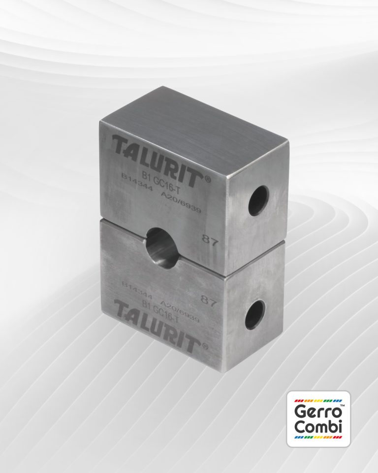 Two swaging dies with the engraved text "TALURIT" are stacked one on top of the other against a light gray abstract background. There is a "Gerro™ Combi" logo in the lower right corner. Each block, essential for mechanical splicing of wire rope, has a hole through its center, showcasing Talurit Group’s expertise. © Copyright Talurit AB. All rights reserved.