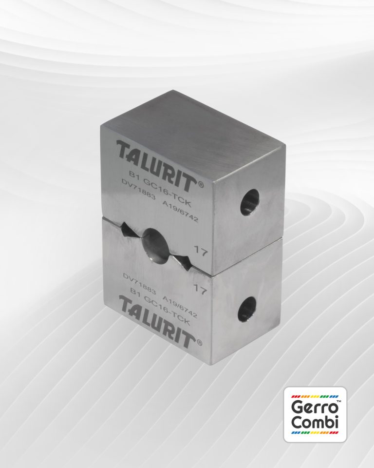 Close-up of two swaging dies stacked one on top of the other making a complete set, with engraved text on each block. A logo with the text "Gerro™ Combi" appears in the bottom right corner of the image, showcasing Talurit Group's precision in swagers and wire rope technology. © Copyright Talurit AB. All rights reserved.