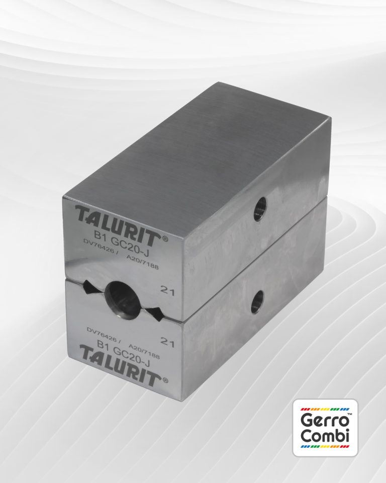 The image shows a close-up of a Gerro™ Combi Die set, used for the mechanical splicing of combination wire rope, placed against a white background with subtle wave patterns. The tool is made of Swedish carbon steel. The Gerro™ Combi logo is visible in the bottom right corner. © Copyright Talurit AB. All rights reserved.