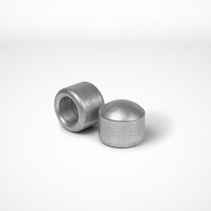 Two end button ferrules are displayed on a white background. One ferrule is upright, showing a hollow center, while the other lies on its side, revealing a solid, convex top. Both ferrules have a smooth and shiny surface, since they are made of high-grade aluminium. © Copyright Talurit AB. All rights reserved.
