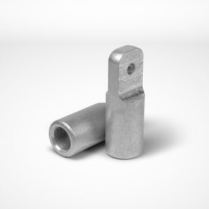 Two R eye ferrules are shown. One lies horizontally while the other stands upright, featuring a smooth finish with a hole near the top. Set against a plain white background. © Copyright Talurit AB. All rights reserved.