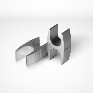 Gerro™ Combi. A 3D-rendered image of two Talunet H-type clamps with an industrial design. Each piece has a hollow, rectangular cross-section and features a U-shaped cutout on one side, allowing them to fit together. The objects are displayed on a clean, white background. © Copyright Talurit AB. All rights reserved.