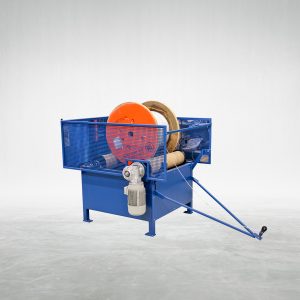 Talurit® The AVL 500M - Uncoiling Machine is a blue industrial swager with a metal frame and a motorized gearbox, featuring an orange circular component and coiled material inside. The setup includes two extended rods with handles at the front. This wire rope equipment, complete with ferrules, is positioned against a plain, light-colored background. © Copyright Talurit AB. All rights reserved.