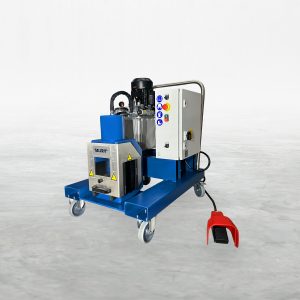 Talurit® The LK 45 1VW - Cutting Machine, a compact blue-painted hydraulic power unit featuring a control box and various components, is mounted on a wheeled base. Yellow caution symbols are visible on parts of the machine. A red foot pedal is attached by a cable. Ideal for tasks involving wire rope swagers from the Talurit Group. The background is plain white. © Copyright Talurit AB. All rights reserved.