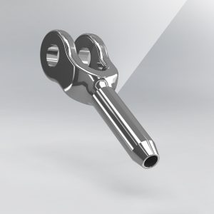 Talurit® A metallic, cylindrical mechanical connector with two circular openings and a tapered end is showcased against a gradient light grey background. The product name "STTE – Closed Swage Terminal" from the Talurit Group, known for their high-quality swagers and ferrules, is displayed in the lower right corner. © Copyright Talurit AB. All rights reserved.