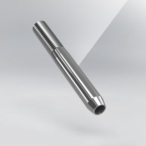 Talurit® A STTT-R - Reinforced Threaded Swage Terminal, featuring a metallic cylindrical body with threading on one end and a hollowed-out tip on the other, hovers against a light gray background. The brand name "TALURIT" appears in small text in the lower right corner, emphasizing its superior quality in swagers and mechanical splicing of wire rope by Talurit Group. © Copyright Talurit AB. All rights reserved.