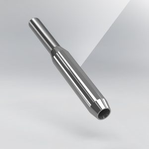 Talurit® A metallic rod with threading on one end, featuring a hexagonal indented portion and a smooth, segmented body. The brand name "Talurit" is displayed in the lower right corner against a gradient background, highlighting the expertise of the Talurit Group in wire rope equipment. The product is identified as the "STTT - Threaded Swage Terminal. © Copyright Talurit AB. All rights reserved.