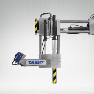 Talurit® A mechanical rigging device positioned against a light background. The unit, identified as the RBS 90 - Rigging device from the Talurit Group's wire rope equipment lineup, features hydraulic components, hoses, and yellow and black safety markings. The apparatus has a metallic finish and appears to be part of industrial machinery. © Copyright Talurit AB. All rights reserved.