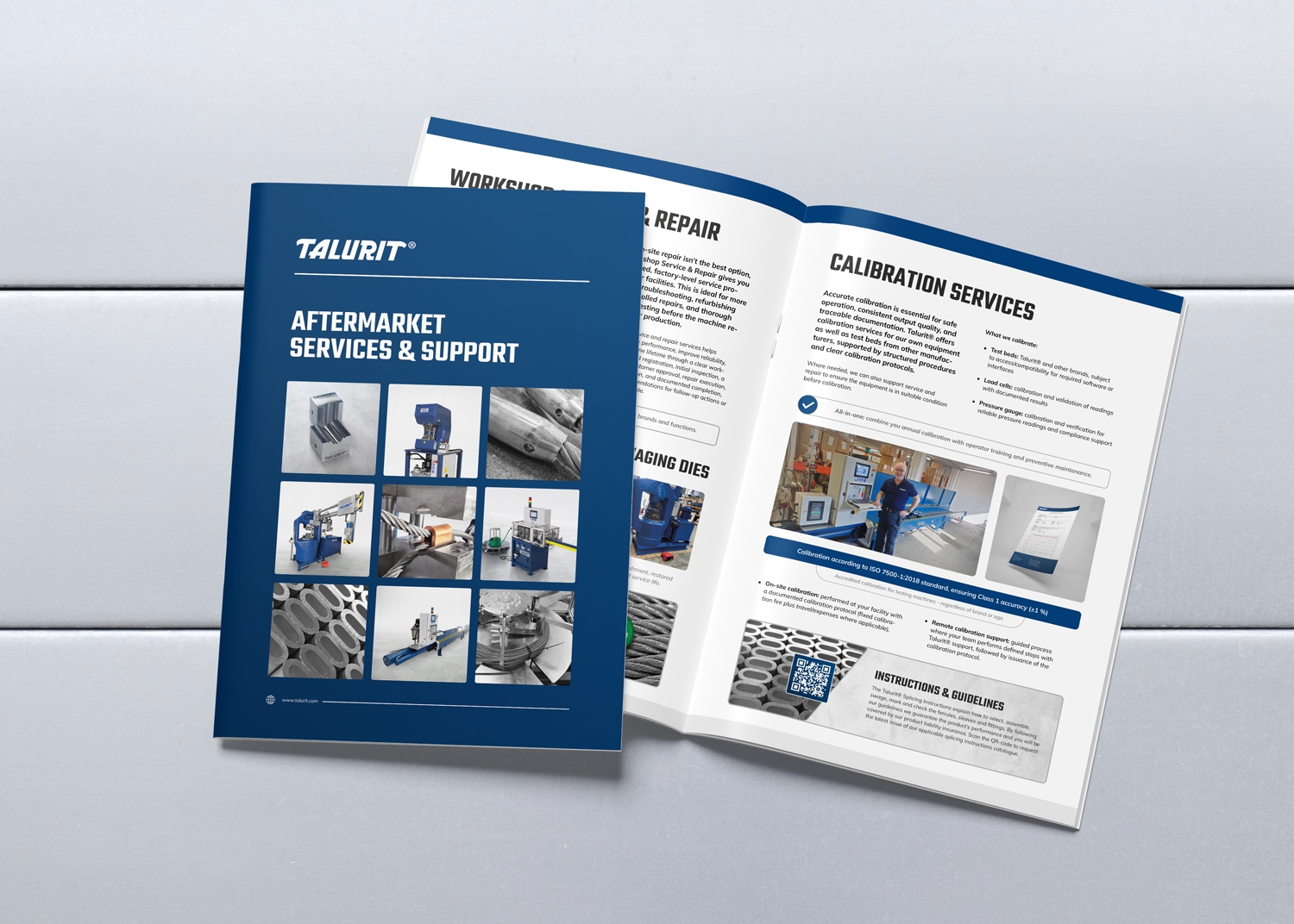 Talurit® A brochure titled "Aftermarket Services & Support" for Talurit® rests on a gray surface. The front cover and inside pages display images and text about machinery, calibration, and repair services. © Copyright Talurit AB. All rights reserved.