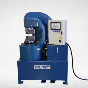 Talurit® A blue 400T 1VS - Swager industrial crimping machine with a digital control panel mounted on the right side. The brand name “TALURIT” appears on the front panel of the machine, which is set against a plain white background. © Copyright Talurit AB. All rights reserved.