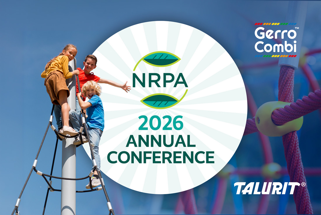 NRPA-Banner-Web-1100px Talurit® Three children climb a tall playground structure. On the right, a circular graphic shows “NRPA 2026 Annual Conference.” The logos “Gerro Combi” and “TALURIT” are also visible. The sky is clear and blue. © Copyright Talurit AB. All rights reserved.