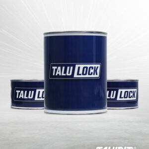 Talurit® Three blue metal cans labeled “TALULOCK®” are arranged on a gray surface with a white backdrop featuring light rays. The “TALURIT” logo appears in the bottom right corner. © Copyright Talurit AB. All rights reserved.