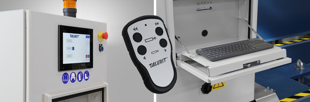 Upgrade kit Talurit® Retrofit Kit for test beds (testing machines). Collage of the control panel, touchscreen and remote control. © Copyright Talurit AB. All rights reserved.