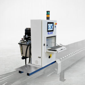 Talurit® Industrial testing machine (test bed) upgrade kit with control panel, display screen, buttons, and indicator light. Attached hydraulic unit is on the left. Floor and background are white. “TALURIT” logo is visible. © Copyright Talurit AB. All rights reserved.