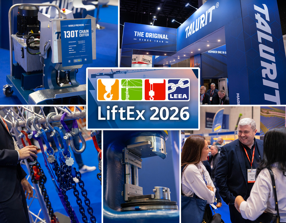 LiftEx-2026-Liverpool-Web-post-header-1000px Talurit® Collage of images from the LiftEx 2026 trade show, featuring heavy lifting machinery, industrial rigging equipment, and attendees networking at the Talurit exhibit. © Copyright Talurit AB. All rights reserved.